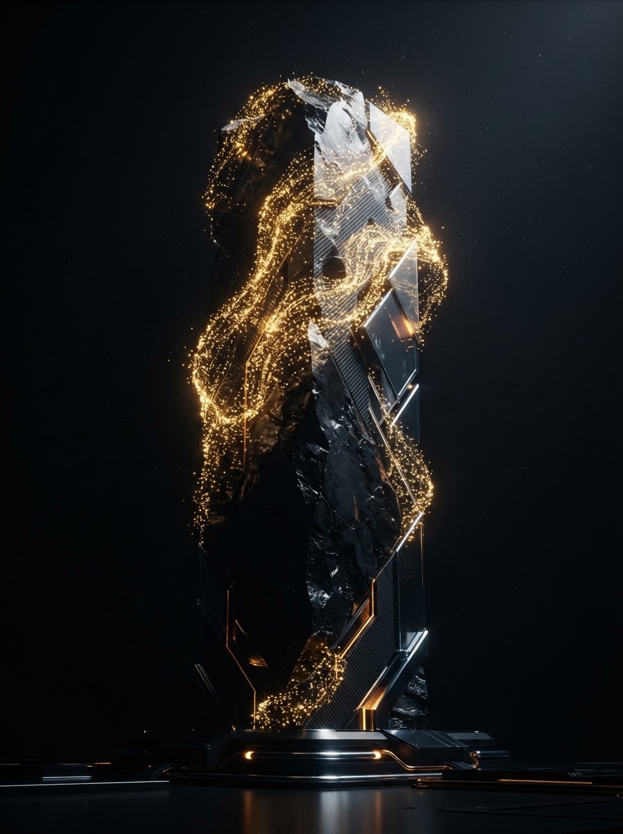 Abstract 3D monolithic structure built by swarms of golden light — representing 30 years of engineering converging with AI